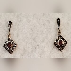 Vintage Sterling Silver & Garnet Marcasite Drop Earrings (January birthstone)